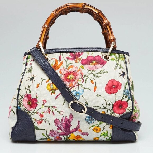 Gucci Blue/Multicolor Floral GG Canvas Bamboo Top Handle Tote Bag 595-060525 - Picture 1 of 12